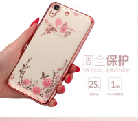 Луксозен силиконов гръб ТПУ ултратънък с 3D камъни и златисто розов кант за Huawei Y6 II CAM-L21 / Huawei Honor Holly 3 розови цветя 
